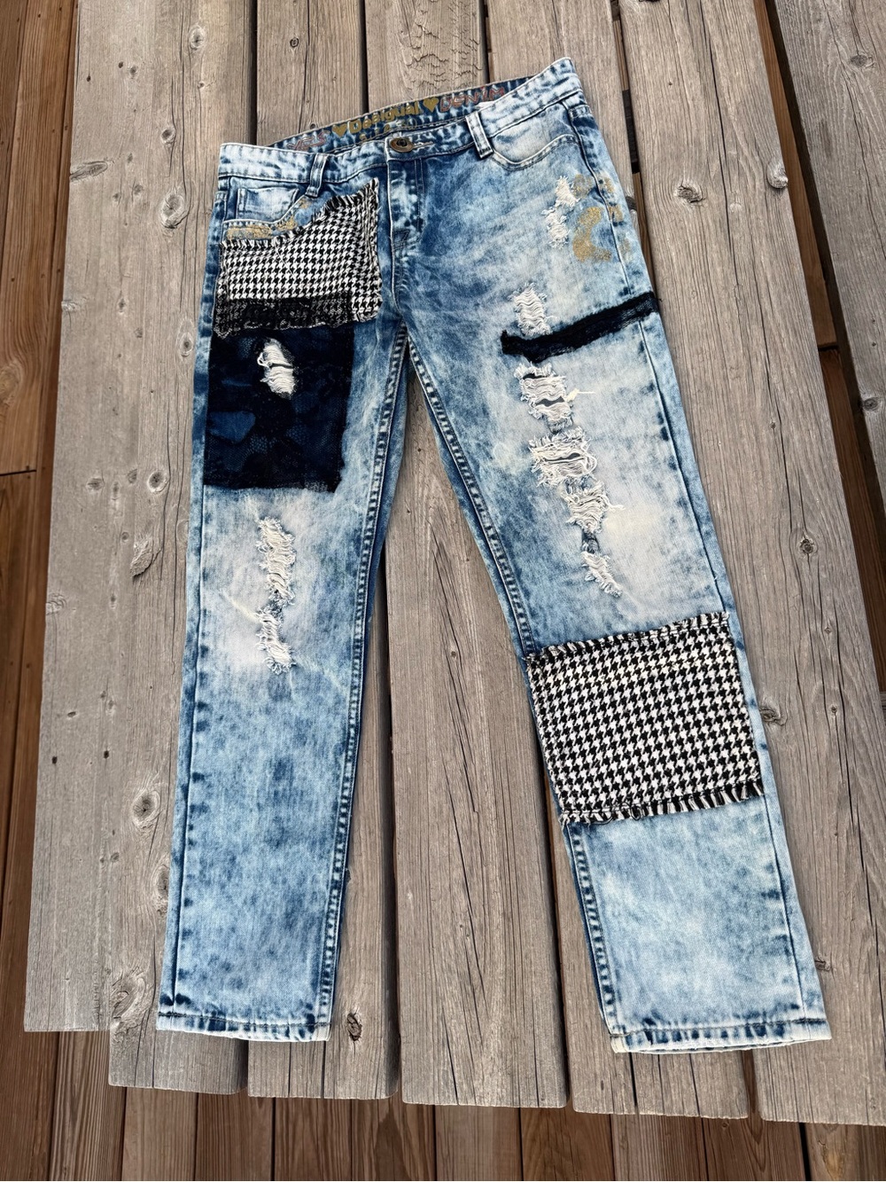 Desigual Light Blue Distressed Patchwork Jeans with Black & Houndstooth Accents